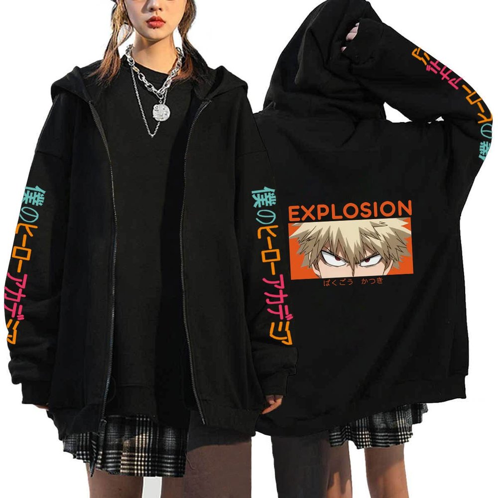 Academia Bakugo Katsuki Jacket Winter Hoodie Youth Katsuki Bakugo Zip up Hoodie Coat Cosplay Costume (US, Alpha, X-Small, Regular, Regular, Black 4)