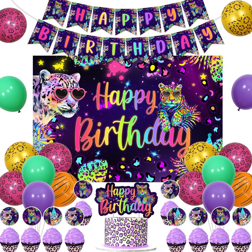 Cheereveal Rainbow Cheetah Birthday Decorations for Boys Girls - Leopard Print Happy Birthday Backdrop, Cheetah Wild Cake Cupcake Toppers, Jungle Safari Animal Theme Party Supplies