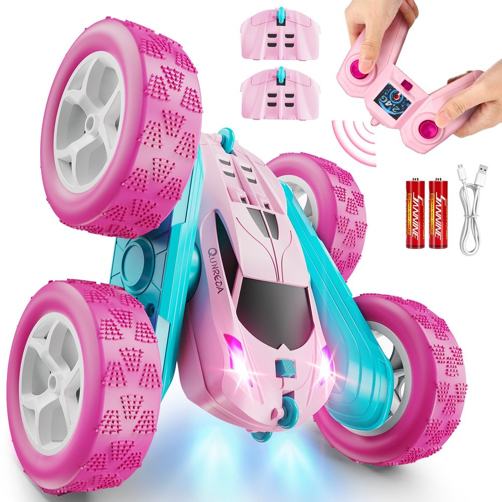 QUNREDA RC Cars, Pink Remote Control Car for Girls, 2.4 GHZ Double Sided RC Stunt Car 360 Rotating Remote Control Crawler with Headlights Car Toys for 6 7 8 9 10 11 12 Girls Birthday Gift Grandkids