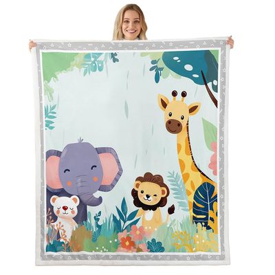 Feelyou Nursery Jungle Animals Plush Blanket Yellow Giraffe Fleece Throw Blanket Cartoon Tiger Elephant Zebra Sloth Sherpa Blanket for Kids Boys Girls Safari Animals Fuzzy Blanket Queen 90"x90"