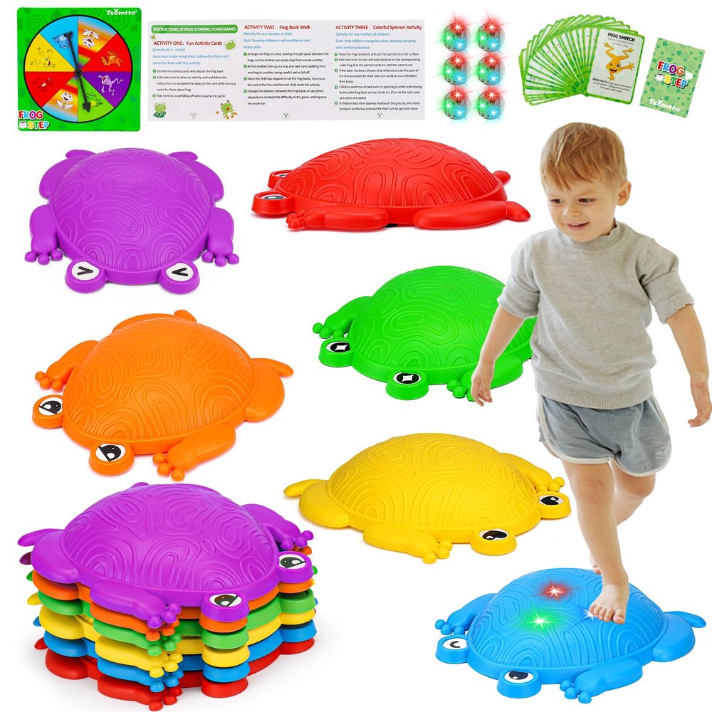 6 PCS Kids Stepping Stones Light Up Frog Balance Stones Outside Toys Ages 3-5 4-8 Plastic Jumping Step Stone Indoor Outdoor Sensory Play Toddler Obstacle Course Coordination Game 3 4 5 6 7 Year Old