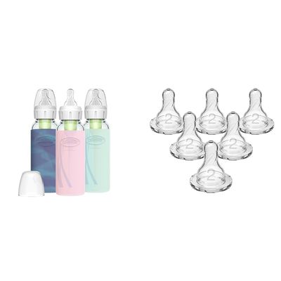 Dr. Brown's Natural Flow Anti-Colic Options+ Narrow Glass Baby Bottle, 8 oz/250 mL & Natural Flow Level 2 Narrow Baby Bottle Silicone Nipple, Medium Flow, 3m+