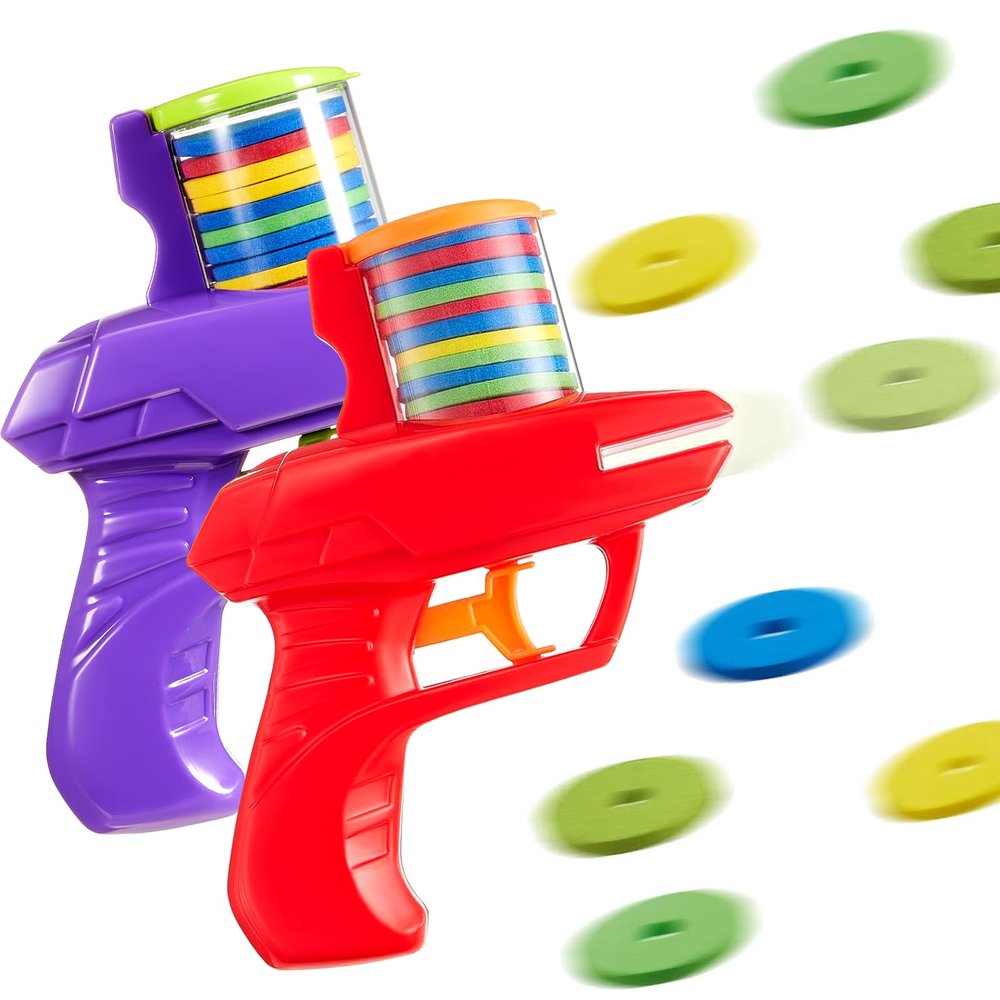 Sumind 2 Pcs Foam Disc Shooter Disc Launcher Zip Shot Shooter Blasters for Birthday Gifts Family Gatherings Games Outside Yard Activities (Red,Purple)