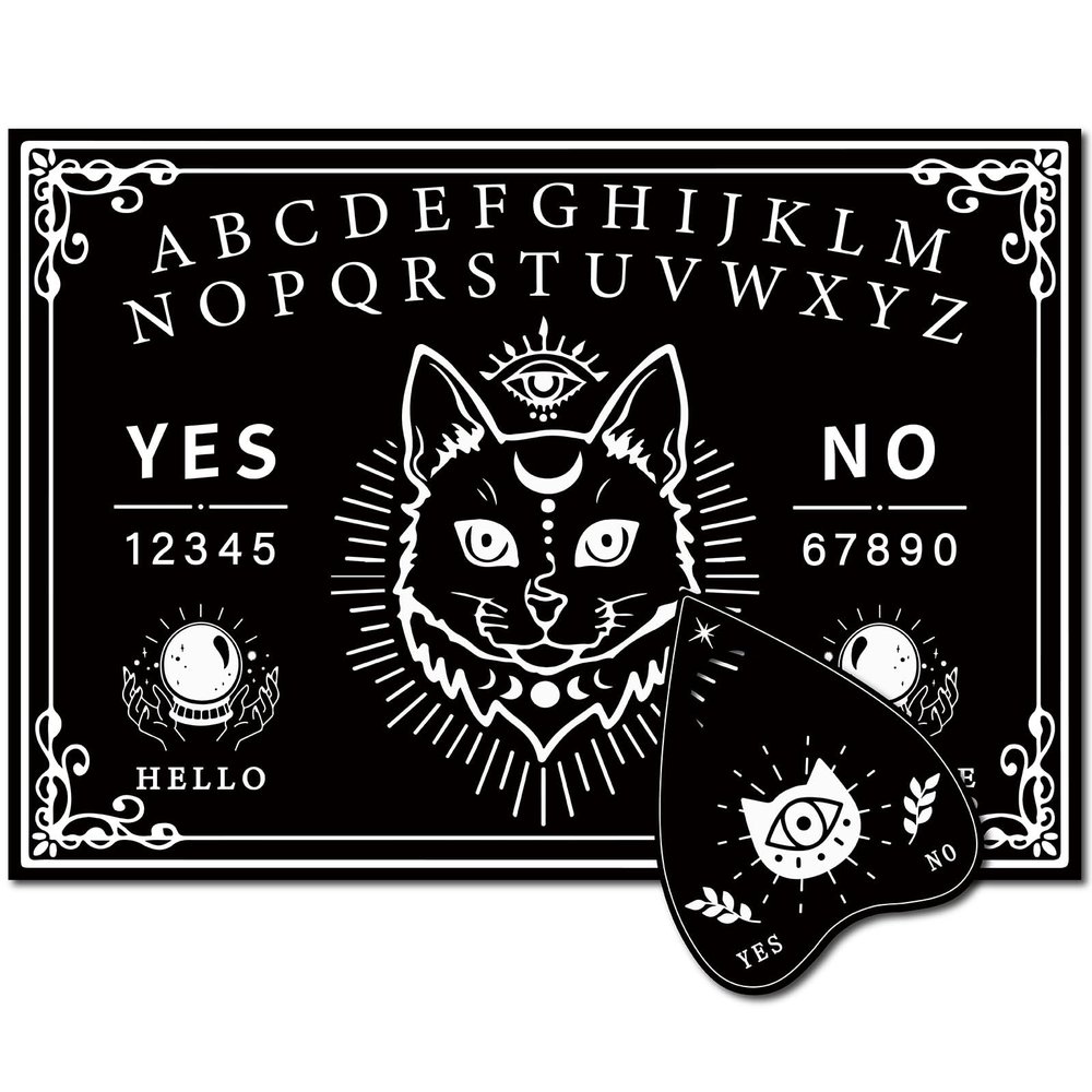 CREATCABIN Black Cat Wood Spirit Board Moon Phase Pendulum Board Kit Talking Boards with Planchette Dowsing Divination Metaphysical Message Board for Wicca Hunt Witch Stuff Halloween 11.8x8.3Inch