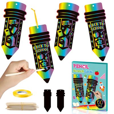 BeYumi 60Pcs Welcome Back to School Pencil Scratch Cards Gift Set for Kids DIY Magic Scratch Paper Art Bookmarks First Day of School Classroom Activity Art Project Party Favors