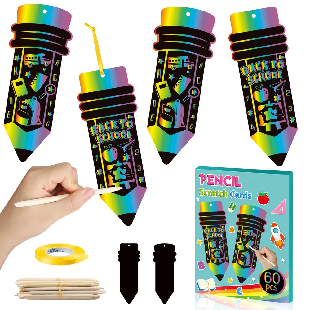 BeYumi 60Pcs Welcome Back to School Pencil Scratch Cards Gift Set for Kids DIY Magic Scratch Paper Art Bookmarks First Day of School Classroom Activity Art Project Party Favors