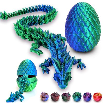 3D Printed Dragon Eggs with Dragon Inside, Articulated Crystal Dragons in Egg, Dragons Fidget Desk Toys for Gifts & Home Decor, 12 Inches (Laser Green)