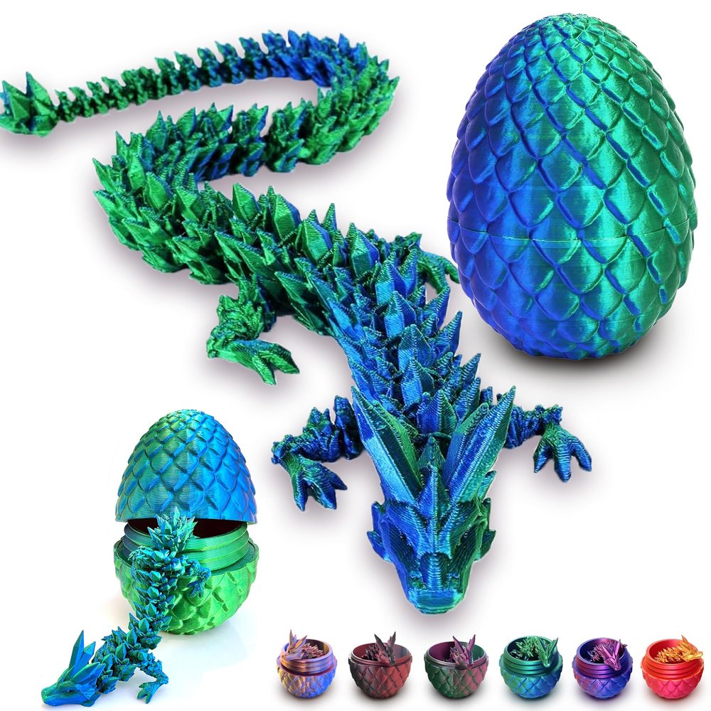 3D Printed Dragon Eggs with Dragon Inside, Articulated Crystal Dragons in Egg, Dragons Fidget Desk Toys for Gifts & Home Decor, 12 Inches (Laser Green)