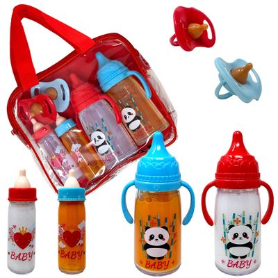 Baby Doll Bottles with Magic Disappearing Milk & Juice Playset, 6pc Pretend Baby Doll Accessories Set 4 Doll Feeding Toy Bottles and 2 Pacifiers, Great Gift for Kids, Toddlers and Little Girls