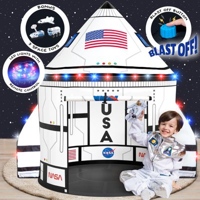W&O Space Shuttle Explorer Tent with Blast-Off Button, LED Lights & 3 Space Toys  Rocket Ship Play Tent for Kids Ages 3-5