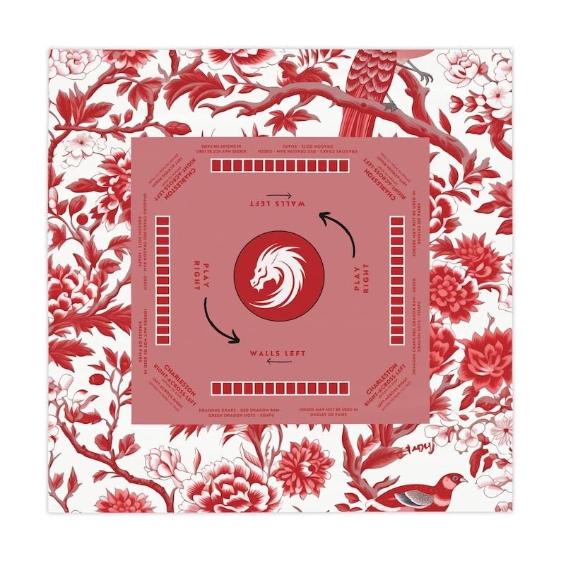 Red Asian-Inspired Mahjong Tablecloth, Vibrant Chinoiserie Design, Table Cover, Festive Gathering Focal Point for Family Bonding