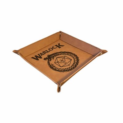 D&D Gifts DND Dice Tray Warlock Class Symbol D20 Dragon Ring Symbol Engraved Leatherette Snap Tray Dungeons Dragons (Brown)