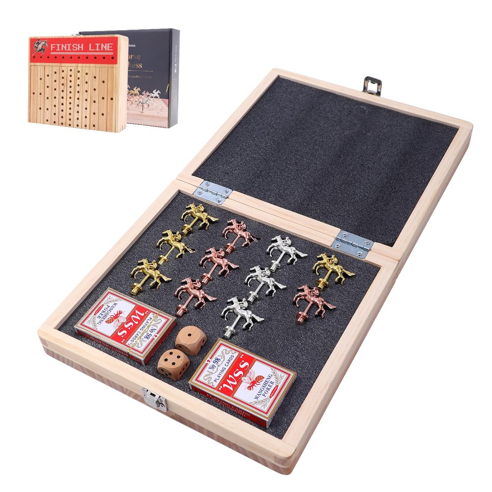 WGOS Horse Race Board Game, Horse Race Game, Horse Racing Board Game Foldable and Portable with 11 Metal Horses, 2 Sets of Cards, and 2 Dice, Red
