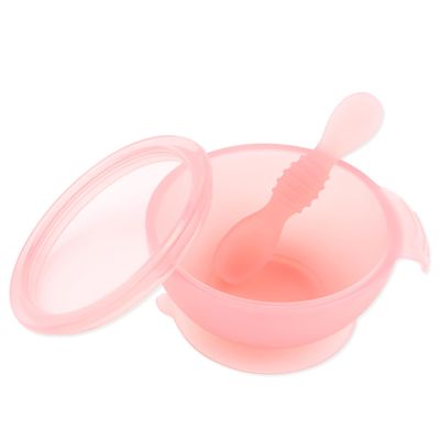Bumkins Feeding Set with Suction, Includes Spoon and Lid, Training Essentials for Baby-Led Weaning, Toddler Self-Feeding, Babies Eating at 4 Mos Up, Pink Jelly