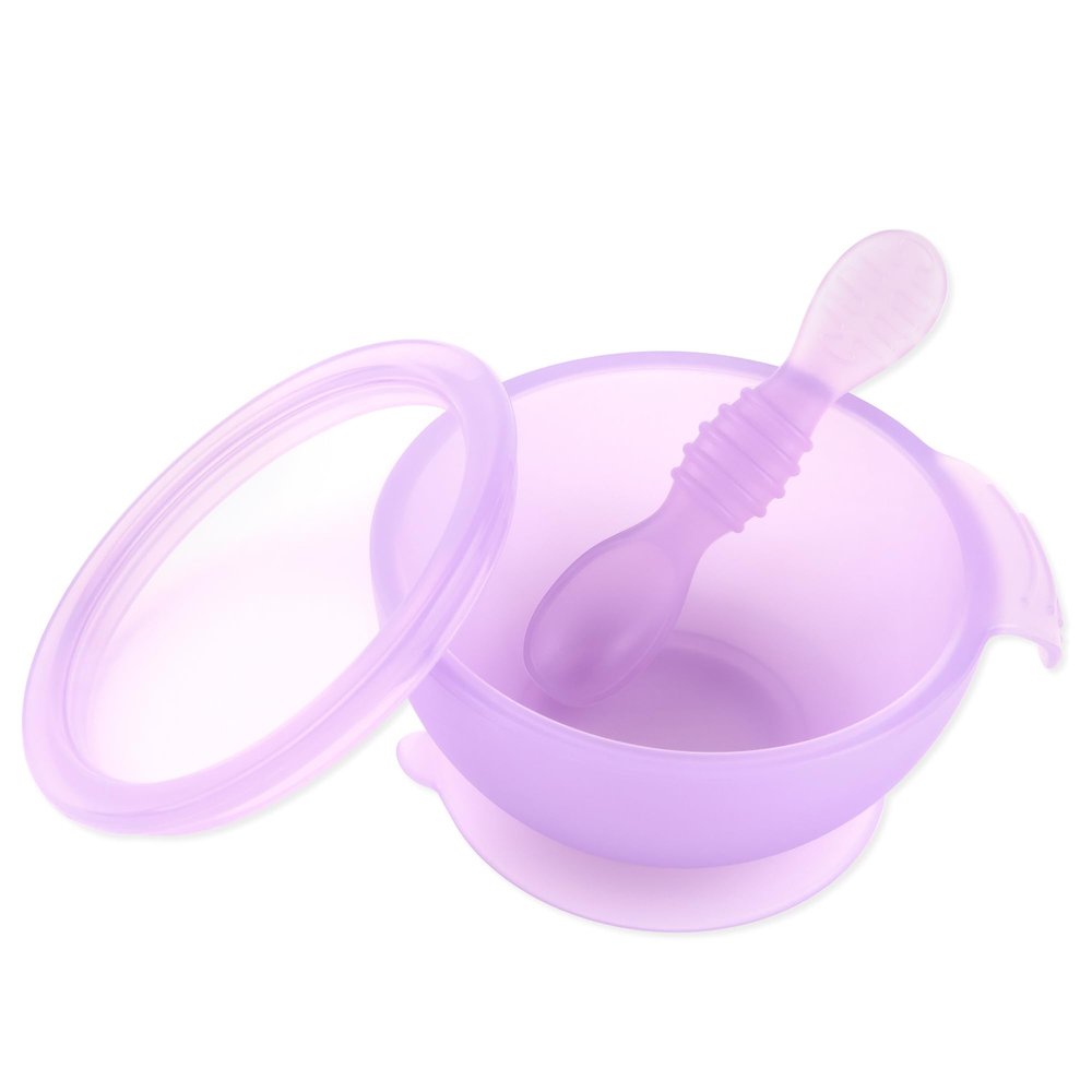 Bumkins Feeding Set with Suction, Includes Spoon and Lid, Training Essentials for Baby-Led Weaning, Toddler Self-Feeding, Babies Eating at 4 Mos Up, Purple Jelly