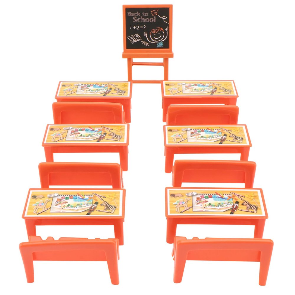 13pcs Mini School Desk for Dolls Classroom Furniture Table Chairs Chalkboard Model Dollhouse Playset Toy for Kids