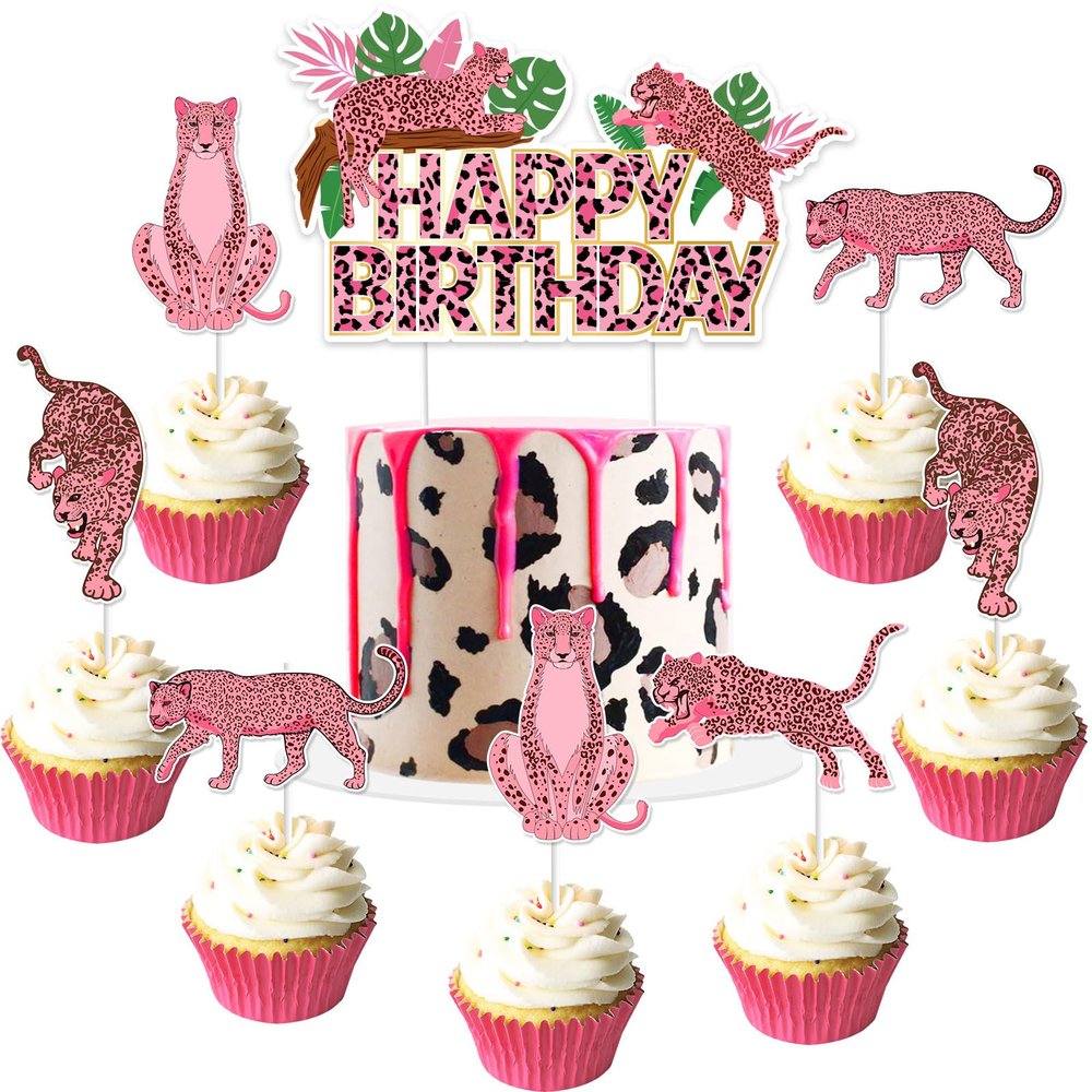 Jollyboom Cheetah Birthday Decorations - Pink Cheetah Happy Birthday Cake Topper, Leopard Cupcake Topper for Jungle Safari Party