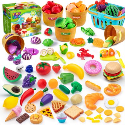 JOYIN 50 Pcs Kids Plastic Play Food Set, Pretend Kitchen Playset - Learning Toys for Boys & Girls, Color Sorting Play Food Set