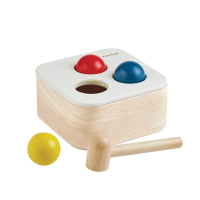 PlanToys Punch and Drop Bin Wooden Montessori Fine Motor and Cause and Effect Toy | Coordination, Problem Solving and Early Learning Activity | Eco Friendly Educational Hammer and Ball Set