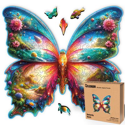 LEOGOR Wooden Jigsaw Puzzles for Adults 200 Pieces (12.2 11.4 in), Butterfly Puzzle, Extra-Thick 5mm Wood, Colorful Mosaic Design with Unique Animal Shapes, Relaxing Gift for Adults and Teens