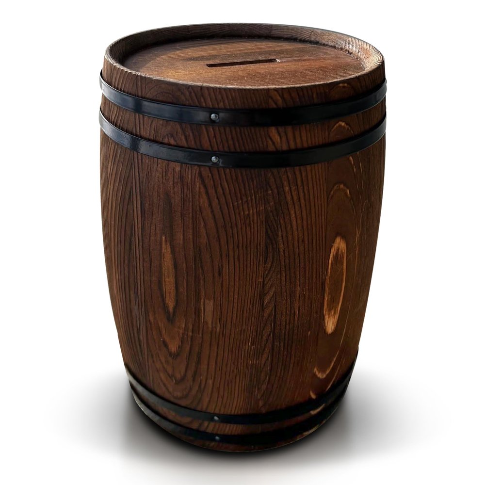 Piggy Bank for Adults, Large Wooden Wine Barrel Money Box with Lock & Key, Rustic Coin Bank, Home Bar & Office Decor Gift, Holds 1.5 Liters