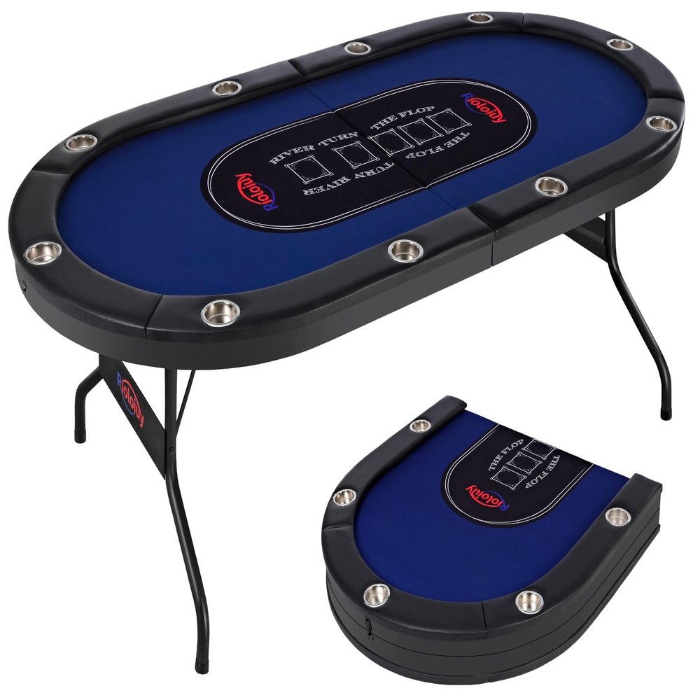 Rioloiuy 10 Player Poker Table Foldable,Texas Holdem Table, Portable Casino for Game Room Folding Poker Table Padded Rails and Cup Holders Table top (84 in)