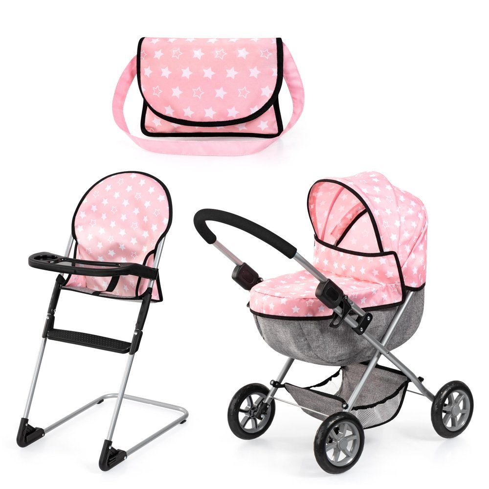 Bayer: Cozy 3 Piece Set - Pink, Grey, Stars - Folding Pram, Highchair, Shoulder Bag, Accessory Set for Dolls Up to 18", Kids Toy, Ages 3+