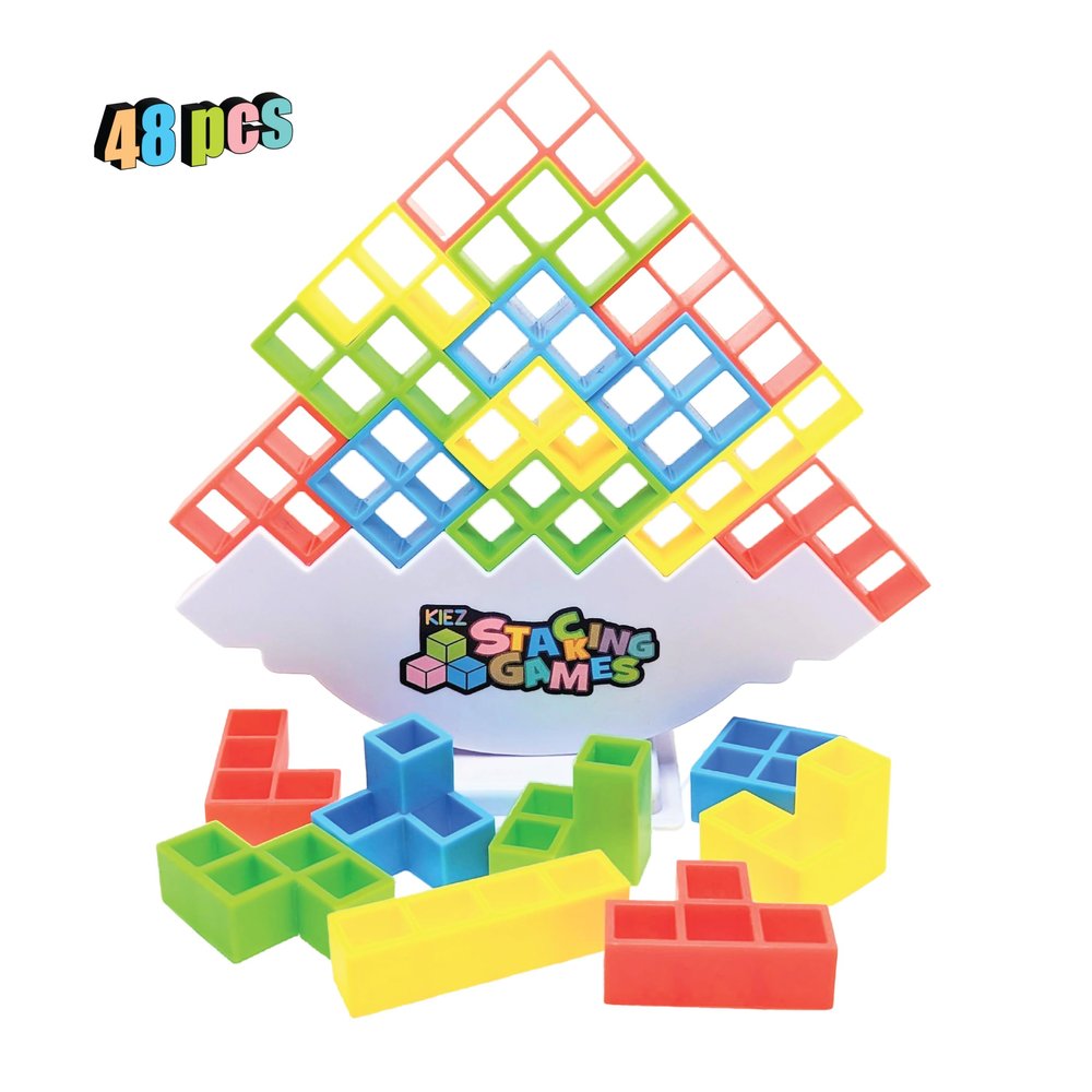 KIEZ 48 Pcs Tetra Tower Stacking Games, Balance Building Blocks, Fun Balance Stacking Toy for Kids, Board Games for Family Night & Team Parties