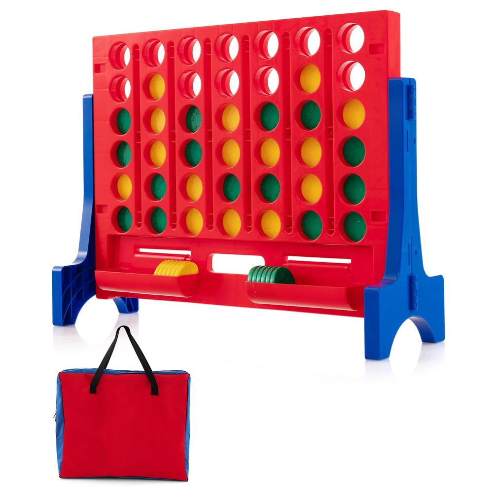 COSTWAY Giant 4 in a Row Game with Storage Carry Bag, Jumbo 4-to-Score Game w Chess, Quick Release Slider for Kids Adults, Indoor Outdoor Backyard Connect Game Set (Blue&Red)