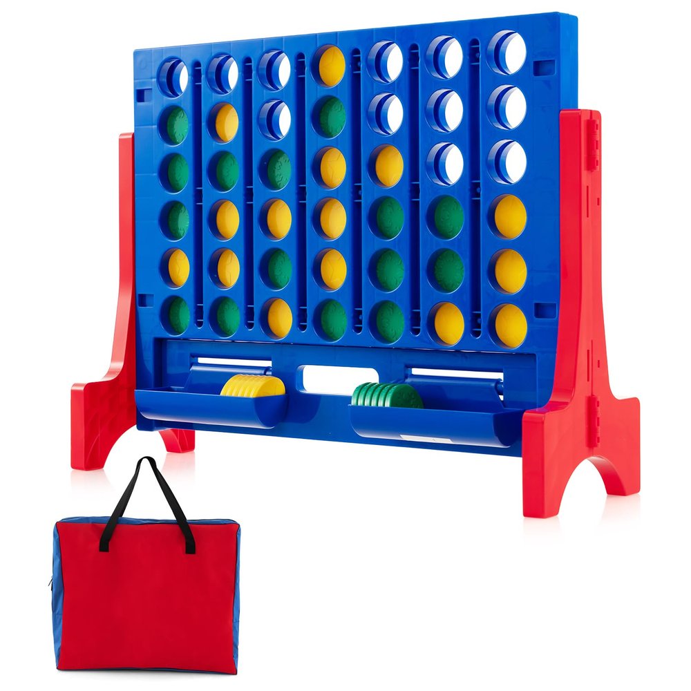 COSTWAY Giant 4 in a Row Game with Storage Carry Bag, Jumbo 4-to-Score Game with Chess, Quick Release Slider for Kids Adults, Indoor Outdoor Backyard Game Set, Free-Standing/Wall-mounting (Blue)