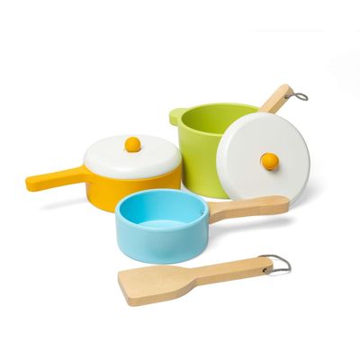Bigjigs Toys Wooden Pots & Pans - 7 Piece Pretend Playset for Children, Kids Kitchen Accessories, Sustainable Gifts & Playsets, Nurtures Mini Imaginations, Age 18 Month Old +