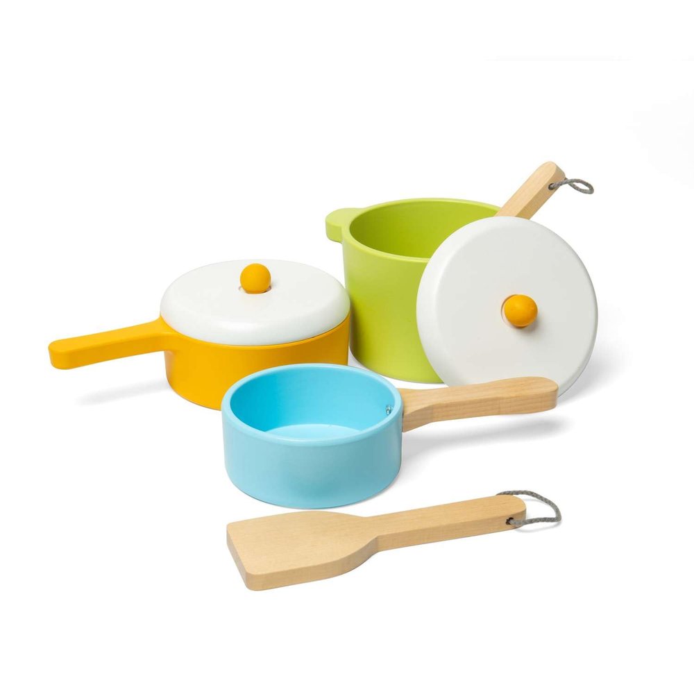 Bigjigs Toys Wooden Pots & Pans - 7 Piece Pretend Playset for Children, Kids Kitchen Accessories, Sustainable Gifts & Playsets, Nurtures Mini Imaginations, Age 18 Month Old +