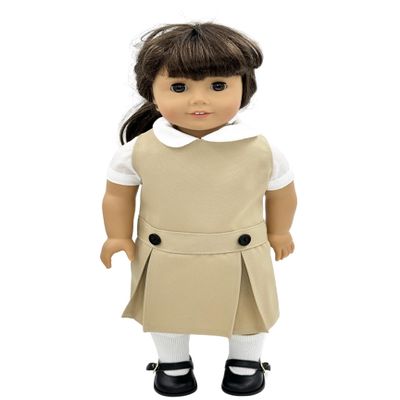 18 inch Doll Outfit-School Plaid Jumper include Blouse and Hair Accessory/Add on Option: Sock and Shoe (Doll is not included) (Dropped Waist Jumper,White Sock,Matte Black Shoe, Solid Khaki)