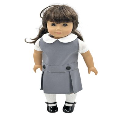 18 inch Doll Outfit-School Plaid Jumper include Blouse and Hair Accessory/Add on Option: Sock and Shoe (Doll is not included) (Dropped Waist Jumper,White Sock,Shiny Black Shoe, Solid Grey)