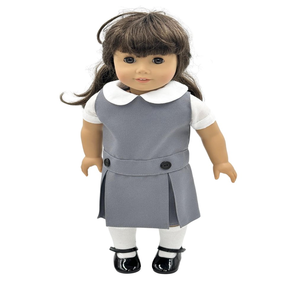 18 inch Doll Outfit-School Plaid Jumper include Blouse and Hair Accessory/Add on Option: Sock and Shoe (Doll is not included) (Dropped Waist Jumper,White Sock,Shiny Black Shoe, Solid Grey)