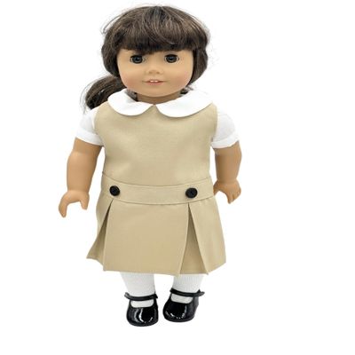 18 inch Doll Outfit-School Plaid Jumper include Blouse and Hair Accessory/Add on Option: Sock and Shoe (Doll is not included) (Dropped Waist Jumper,White Sock,Shiny Black Shoe, Solid Khaki)