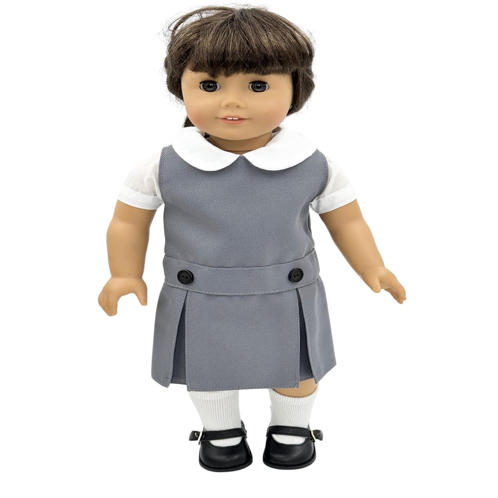 18 inch Doll Outfit-School Plaid Jumper include Blouse and Hair Accessory/Add on Option: Sock and Shoe (Doll is not included) (Dropped Waist Jumper,White Sock,Matte Black Shoe, Solid Grey)