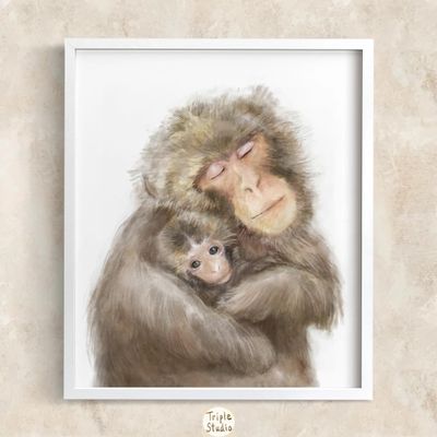 Cuddle Joy: Baby Monkey and Mom Cuddling Wall Art Print | Earth-Toned Boho Watercolor Painting for Gender Neutral Nursery Decor - UNFRAMED, Signed by Artist