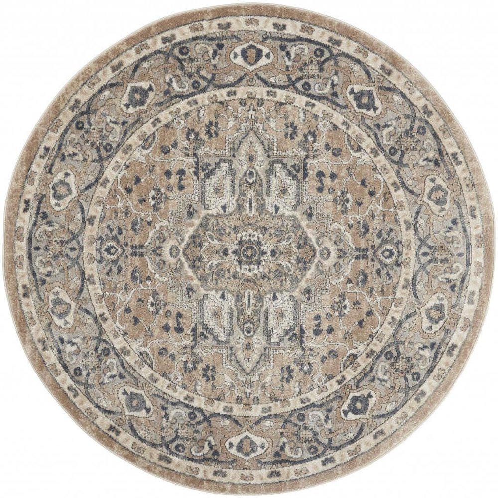 HomeRoots 480250 5 x 5 ft. Beige & Gray Oriental Power Loom Non Skid Round Area Rug