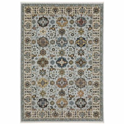 HomeRoots 508013 5 x 8 ft. Blue Beige Gray Green Yellow & Rust Oriental Power Loom Stain Resistant Rectangle Area Rug with Fringe