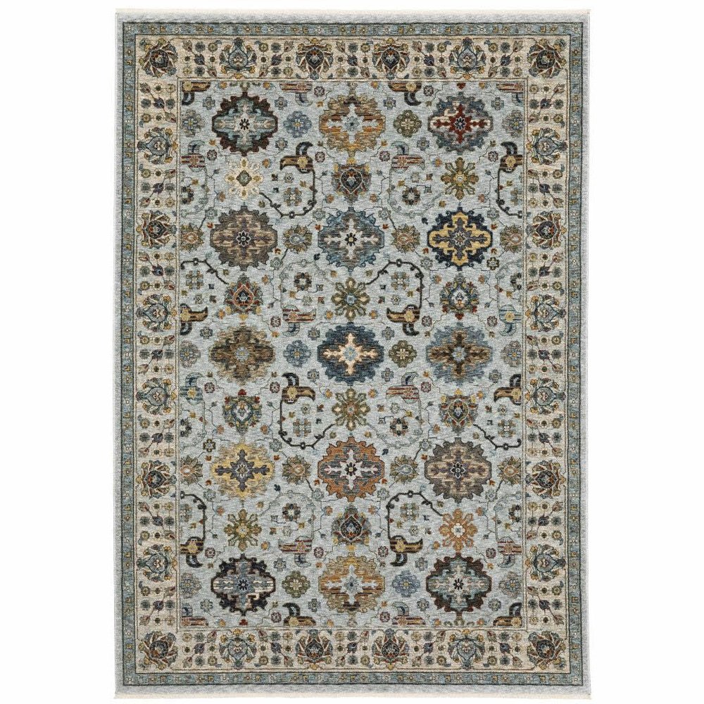 HomeRoots 508013 5 x 8 ft. Blue Beige Gray Green Yellow & Rust Oriental Power Loom Stain Resistant Rectangle Area Rug with Fringe