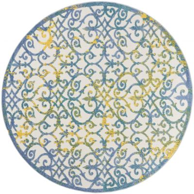 HomeRoots 479372 8 x 8 ft. Ivory & Blue Damask Non Skid Indoor & Outdoor Round Area Rug