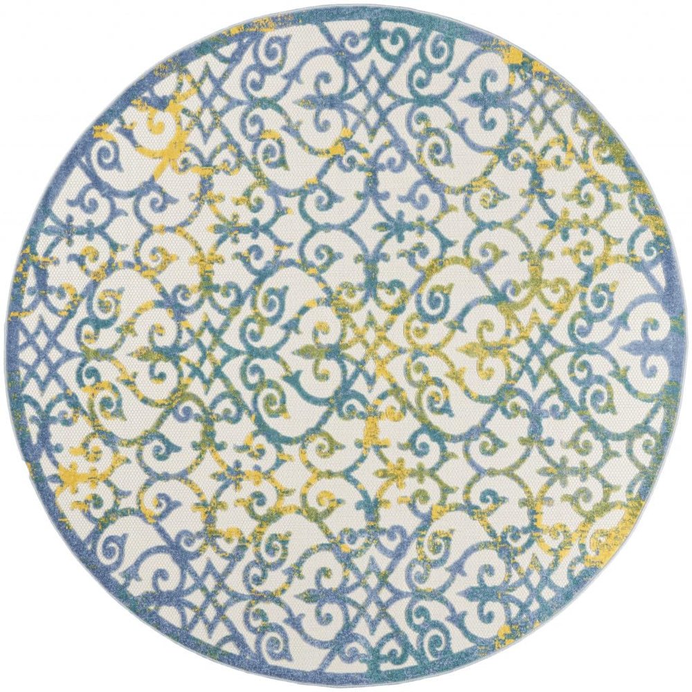 HomeRoots 479372 8 x 8 ft. Ivory & Blue Damask Non Skid Indoor & Outdoor Round Area Rug