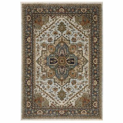 HomeRoots 508076 5 x 8 ft. Ivory Beige Blue Orange Gold Green Gray & Rust Oriental Power Loom Stain Resistant Rectangle Area Rug with Fringe