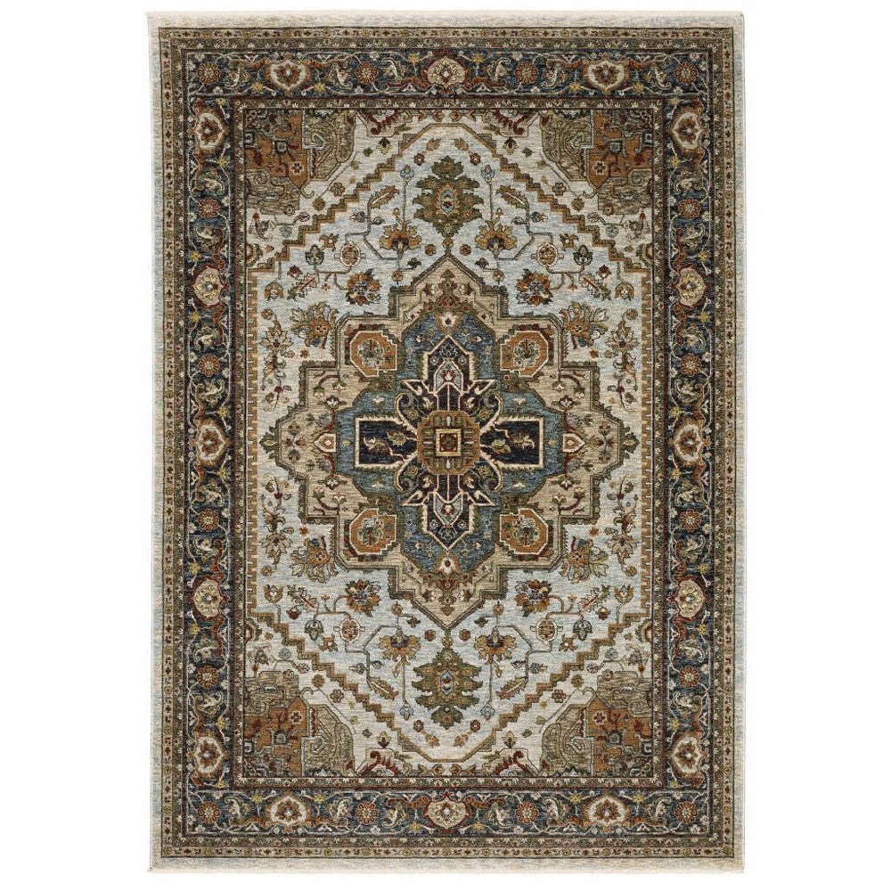 HomeRoots 508076 5 x 8 ft. Ivory Beige Blue Orange Gold Green Gray & Rust Oriental Power Loom Stain Resistant Rectangle Area Rug with Fringe