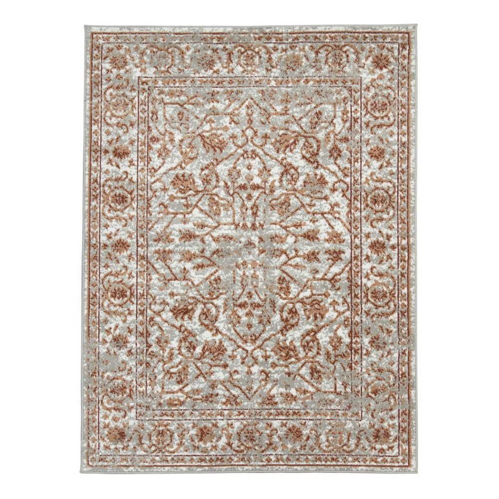 HomeRoots 531768 8 ft. Orange Round Floral Power Loom Area Rug with Fringe