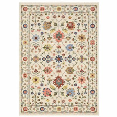 HomeRoots 509287 8 x 11 ft. Ivory Salmon Pink Gold Blues Gray Rust & Green Oriental Power Loom Stain Resistant Rectangle Area Rug with Fringe