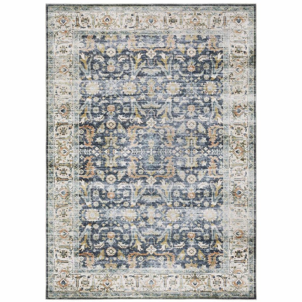 HomeRoots 510383 4 x 6 ft. Blue Gold Rust Ivory & Olive Oriental Printed Stain Resistant Non Skid Rectangle Area Rug