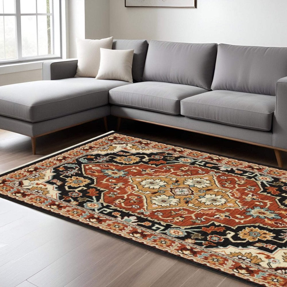 HomeRoots 509231 8 x 11 ft. Black Orange & Beige Oriental Power Loom Stain Resistant Rectangle Area Rug with Fringe