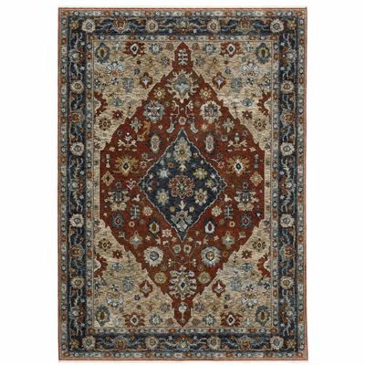 HomeRoots 508055 5 x 8 ft. Blue Beige Tan Brown Gold & Rust Red Oriental Power Loom Stain Resistant Rectangle Area Rug with Fringe